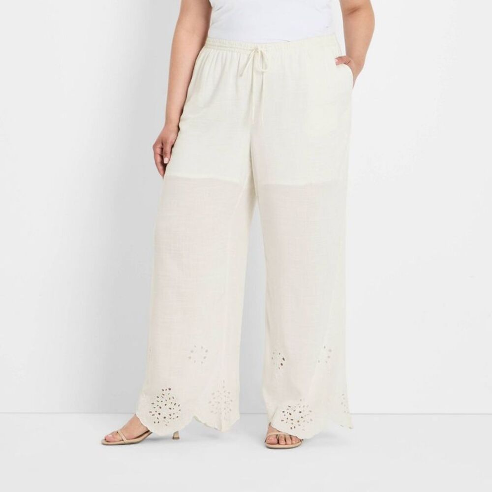 Women's High-Rise Wide Leg Embellished Eyelet Pull-On Pants - Cream XXL